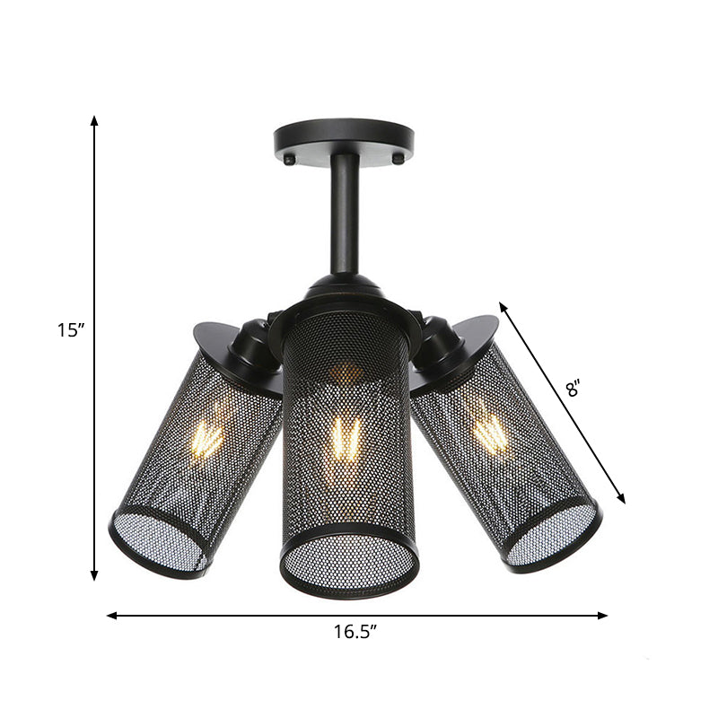 Industrial Style Cylinder/Lantern Ceiling Light Fixture Metal 3 Heads Indoor Semi Mount Lighting with Mesh Screen in Black Clearhalo 'Ceiling Lights' 'Close To Ceiling Lights' 'Close to ceiling' 'Semi-flushmount' Lighting' 262709