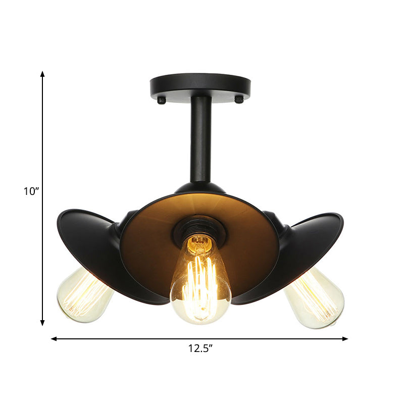 3 Heads Indoor Semi Flush Ceiling Light Vintage Style Black Ceiling Flush Mount with Cone/Saucer Metallic Shade Clearhalo 'Ceiling Lights' 'Close To Ceiling Lights' 'Close to ceiling' 'Semi-flushmount' Lighting' 262735