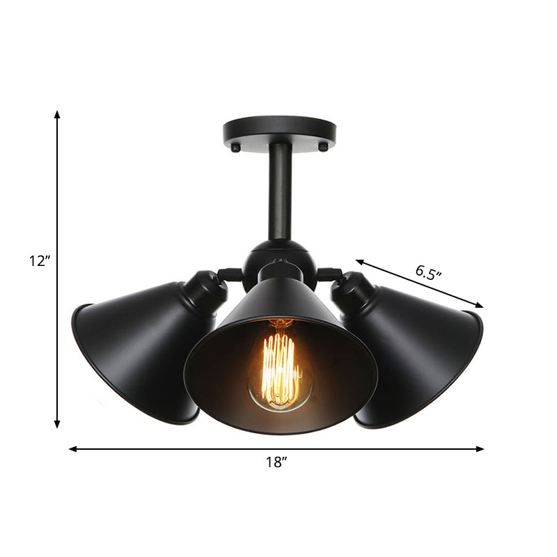 3 Heads Indoor Semi Flush Ceiling Light Vintage Style Black Ceiling Flush Mount with Cone/Saucer Metallic Shade Clearhalo 'Ceiling Lights' 'Close To Ceiling Lights' 'Close to ceiling' 'Semi-flushmount' Lighting' 262736