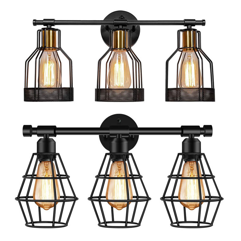 Cage Shade Vanity Wall Light Retro Industrial Style Metal 3 Light Vanity Light Clearhalo 'Vanity Lights' 'Wall Lights' Lighting' 2627451