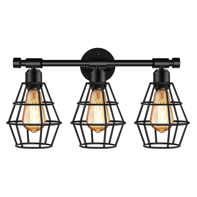 Cage Shade Vanity Wall Light Retro Industrial Style Metal 3 Light Vanity Light Black Lantern Clearhalo 'Vanity Lights' 'Wall Lights' Lighting' 2627452