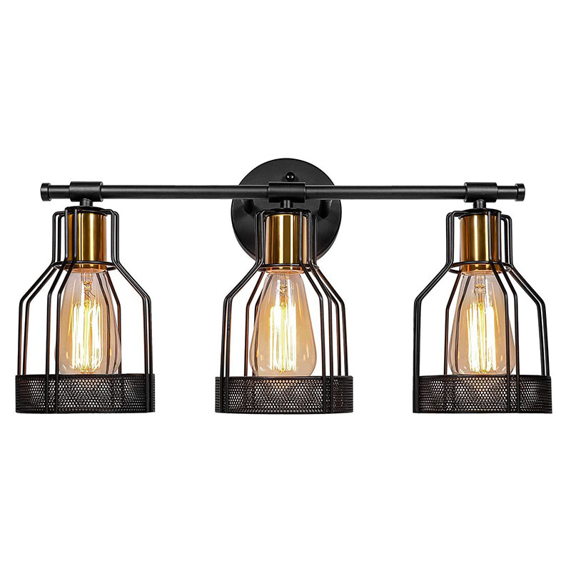 Cage Shade Vanity Wall Light Retro Industrial Style Metal 3 Light Vanity Light Black Barrel Clearhalo 'Vanity Lights' 'Wall Lights' Lighting' 2627453