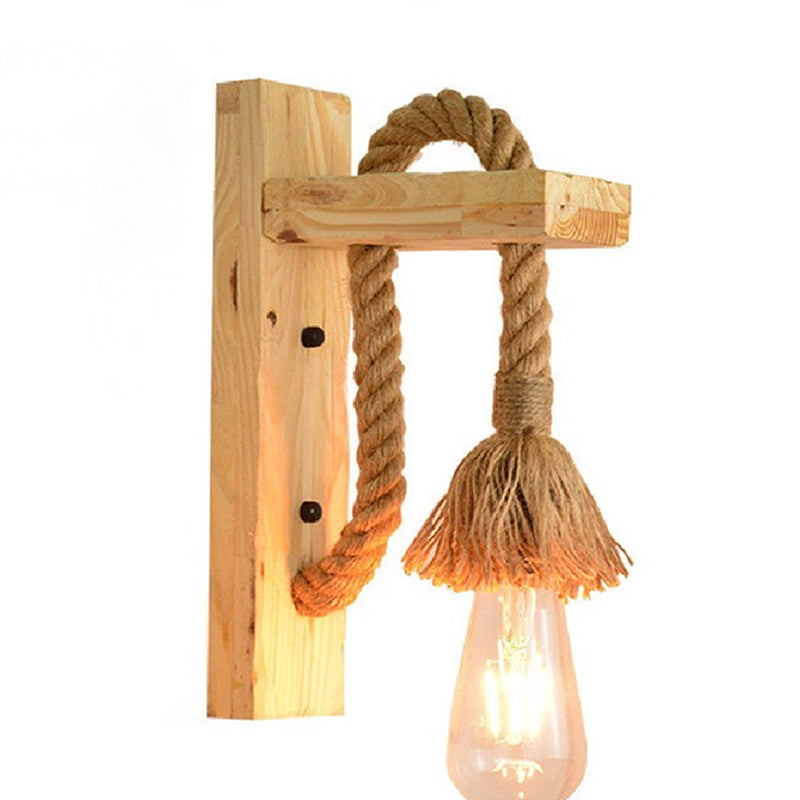 Bare Bulb Wall Sconce 1 Head Industrial Braided Rope Wall Lighting Ideas for Restaurant Corridor Wood Clearhalo 'Wall Lamps & Sconces' 'Wall Lights' Lighting' 2627973