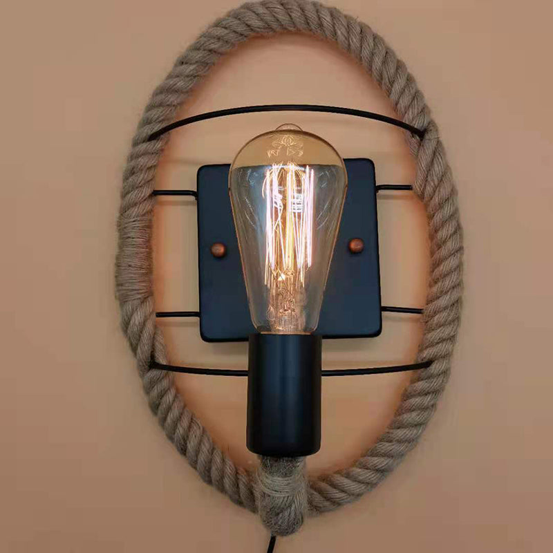 Wagon Wheel Indoor Wall Lighting Lodge Style Wall Mount Light with Rope Shade Black Oval Clearhalo 'Wall Lamps & Sconces' 'Wall Lights' Lighting' 2627981