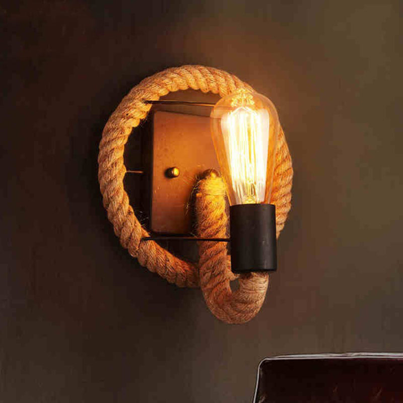 Wagon Wheel Indoor Wall Lighting Lodge Style Wall Mount Light with Rope Shade Black Round Clearhalo 'Wall Lamps & Sconces' 'Wall Lights' Lighting' 2627982