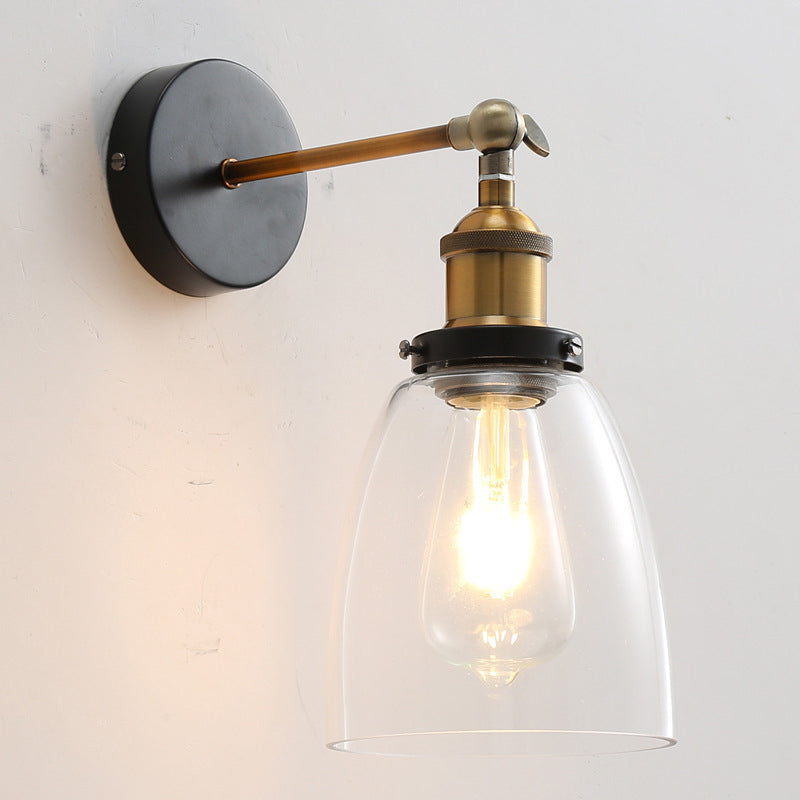 Vintage Industrial Wall Sconce Single Light Sconce Light in Clear Glass Shade Antique Brass Barrel Clearhalo 'Wall Lamps & Sconces' 'Wall Lights' Lighting' 2628018