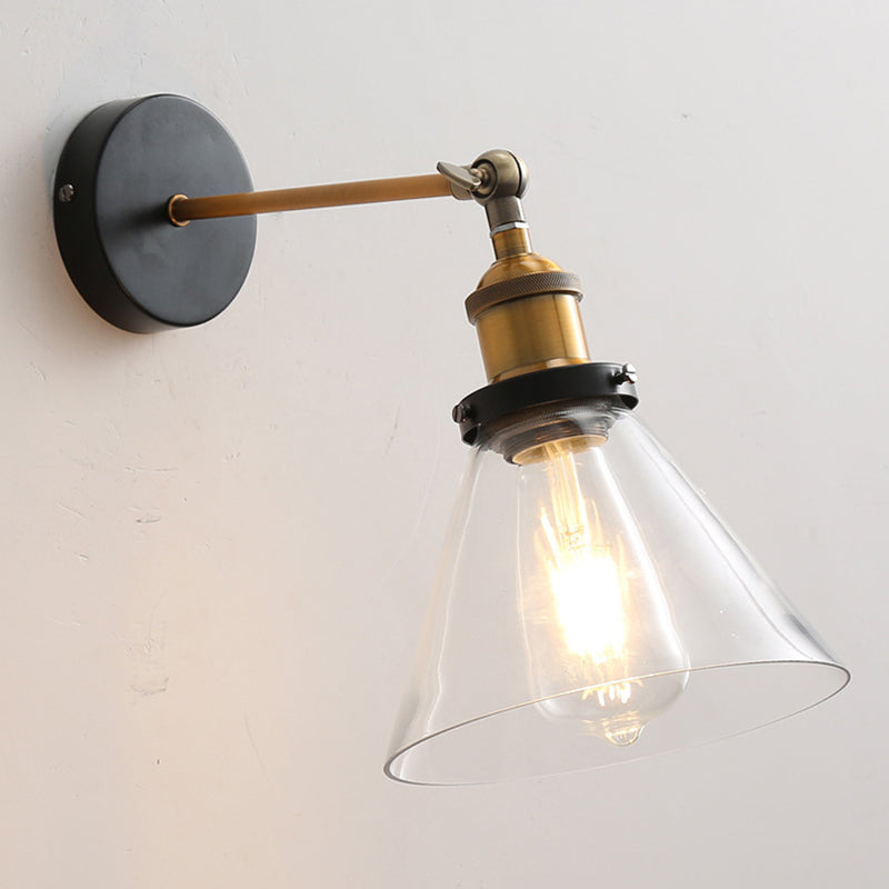 Vintage Industrial Wall Sconce Single Light Sconce Light in Clear Glass Shade Antique Brass Cone Clearhalo 'Wall Lamps & Sconces' 'Wall Lights' Lighting' 2628019