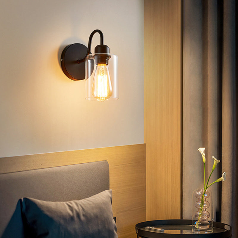 Metal Armed Wall Sconce Single Light Wall Lamp with Cylinder Glass Shade for Bedroom Clearhalo 'Wall Lamps & Sconces' 'Wall Lights' Lighting' 2628055