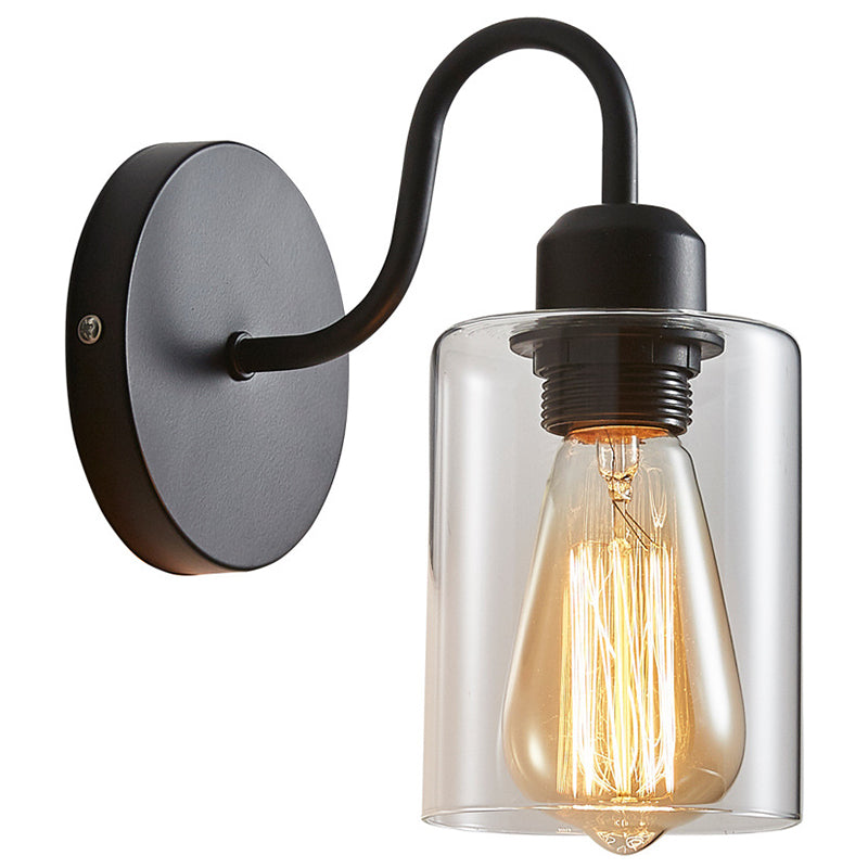 Metal Armed Wall Sconce Single Light Wall Lamp with Cylinder Glass Shade for Bedroom Clearhalo 'Wall Lamps & Sconces' 'Wall Lights' Lighting' 2628060