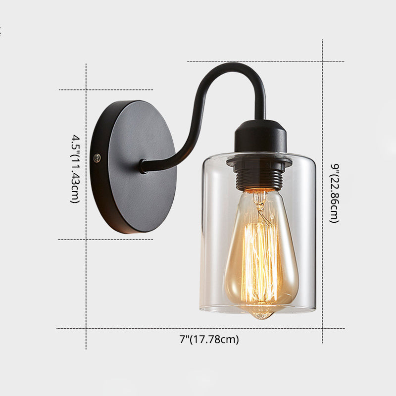 Metal Armed Wall Sconce Single Light Wall Lamp with Cylinder Glass Shade for Bedroom Clearhalo 'Wall Lamps & Sconces' 'Wall Lights' Lighting' 2628061