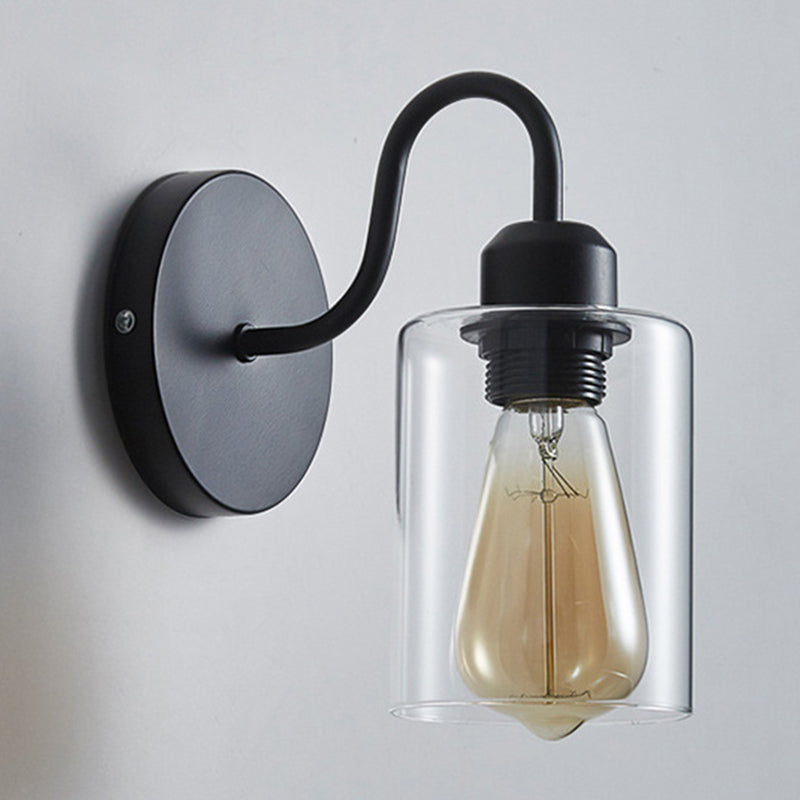 Metal Armed Wall Sconce Single Light Wall Lamp with Cylinder Glass Shade for Bedroom Clearhalo 'Wall Lamps & Sconces' 'Wall Lights' Lighting' 2628062