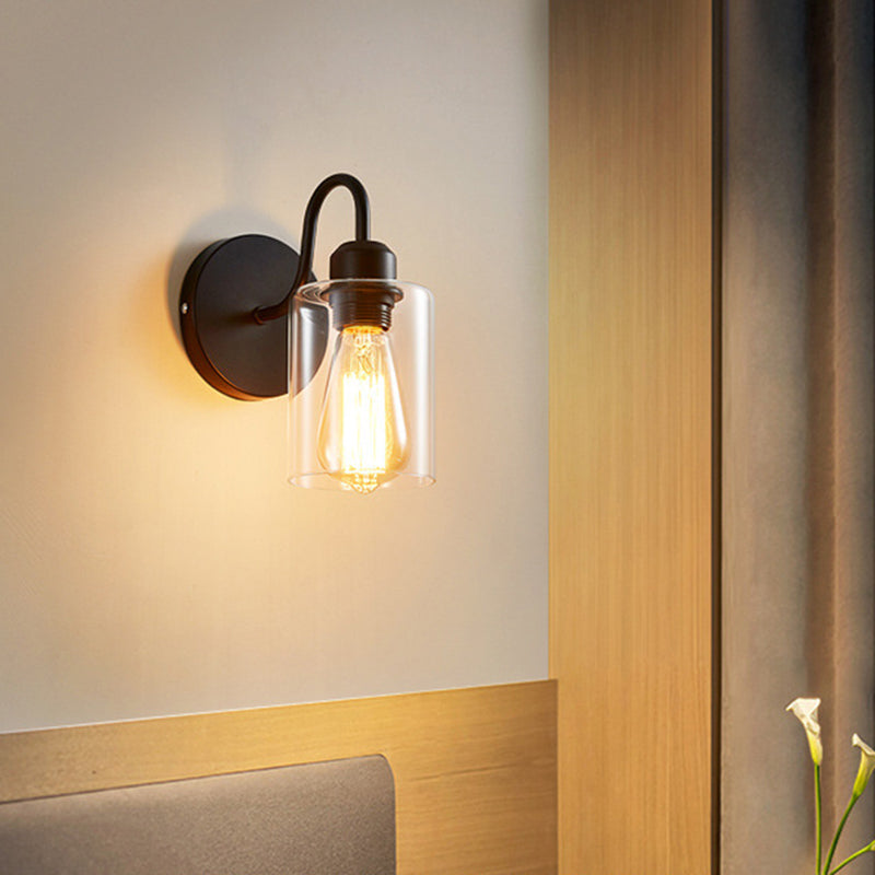 Metal Armed Wall Sconce Single Light Wall Lamp with Cylinder Glass Shade for Bedroom Clearhalo 'Wall Lamps & Sconces' 'Wall Lights' Lighting' 2628064