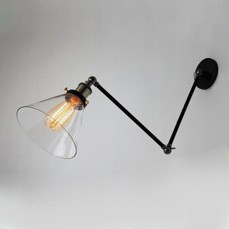 Swing Arm Wall Lamp Industrial Style Indoor Sconce Light with Conical Glass Shade Clearhalo 'Wall Lamps & Sconces' 'Wall Lights' Lighting' 2628065