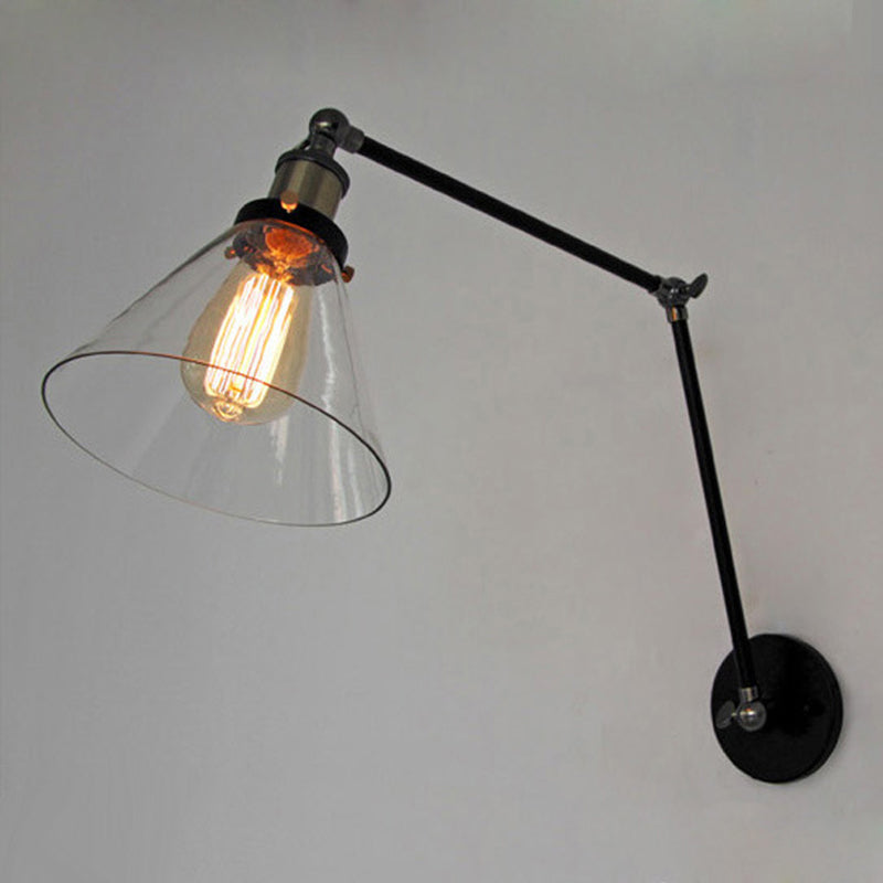 Swing Arm Wall Lamp Industrial Style Indoor Sconce Light with Conical Glass Shade Clearhalo 'Wall Lamps & Sconces' 'Wall Lights' Lighting' 2628066