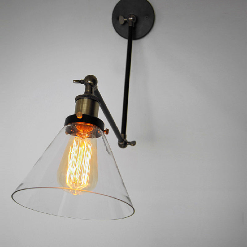 Swing Arm Wall Lamp Industrial Style Indoor Sconce Light with Conical Glass Shade Clearhalo 'Wall Lamps & Sconces' 'Wall Lights' Lighting' 2628067