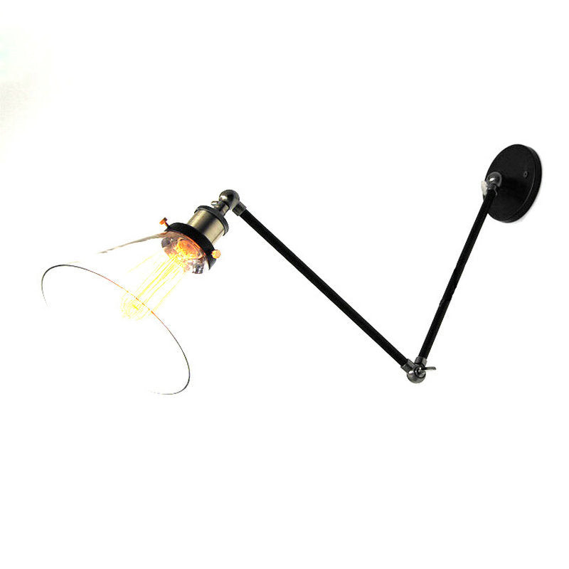 Swing Arm Wall Lamp Industrial Style Indoor Sconce Light with Conical Glass Shade Black Clearhalo 'Wall Lamps & Sconces' 'Wall Lights' Lighting' 2628069