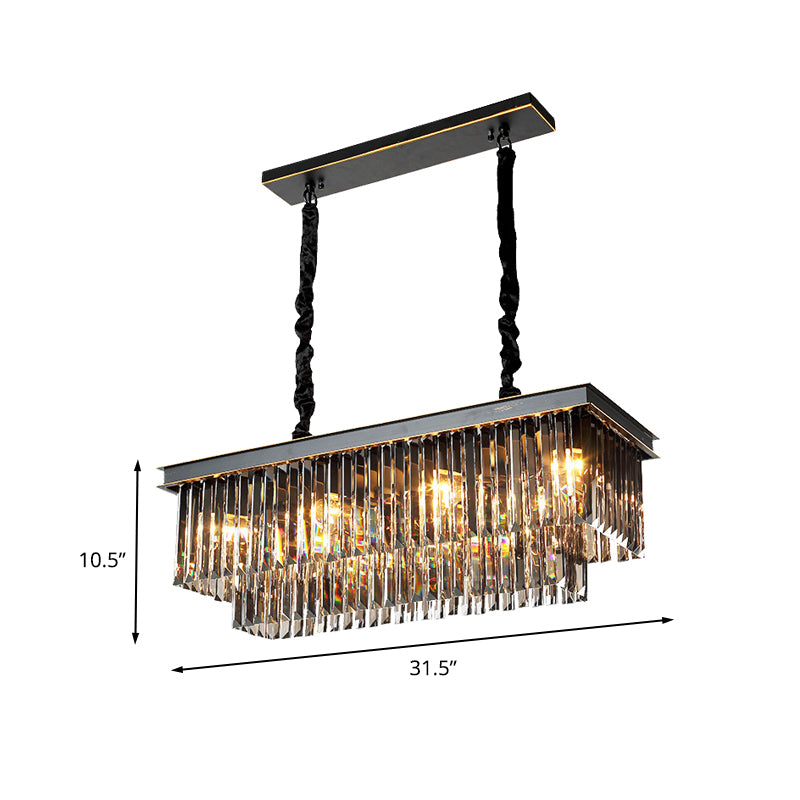 Rectangle Dining Room Chandelier Lamp Traditional Smoke Gray Crystal Block 8/11 Heads Matte Black Hanging Light Clearhalo 'Ceiling Lights' 'Island Lights' Lighting' 262826