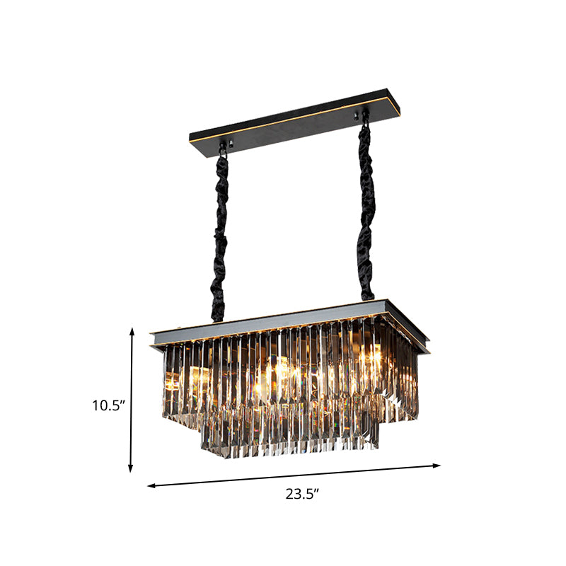 Rectangle Dining Room Chandelier Lamp Traditional Smoke Gray Crystal Block 8/11 Heads Matte Black Hanging Light Clearhalo 'Ceiling Lights' 'Island Lights' Lighting' 262827