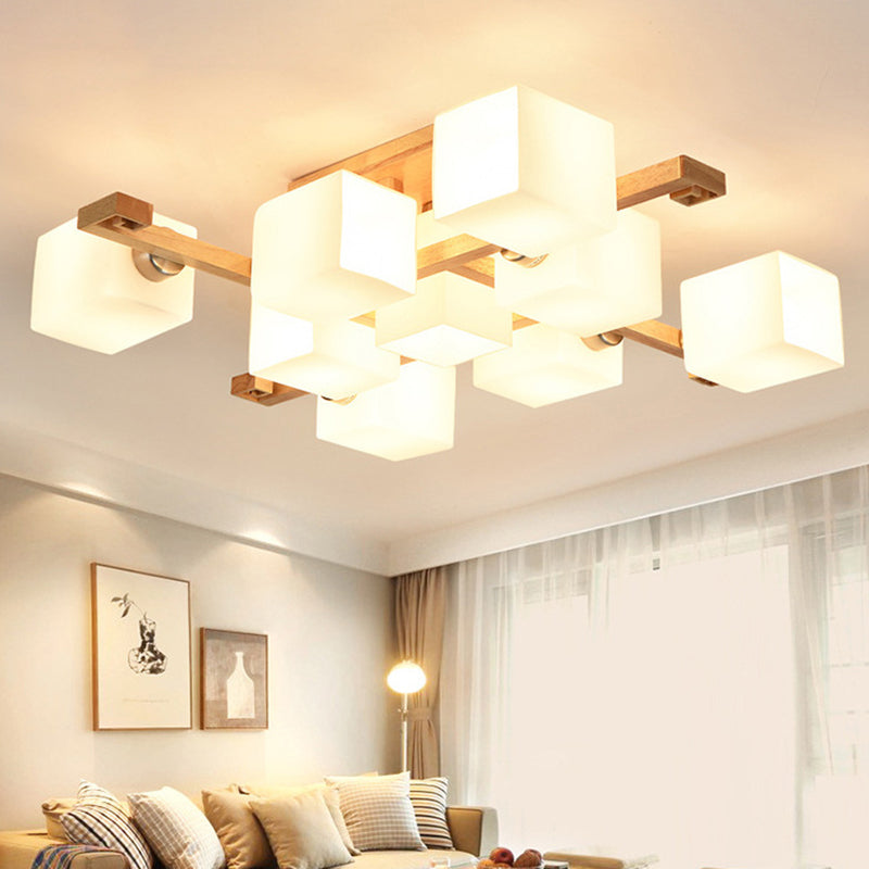 Modern Natural Wood Semi Flush Mount Light Fixture Rectangle Glass Shade Semi Flush for Living Room Clearhalo 'Ceiling Lights' 'Close To Ceiling Lights' 'Lighting' 2628281