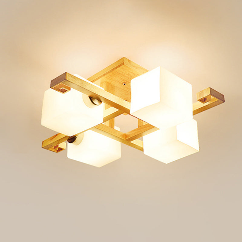 Modern Natural Wood Semi Flush Mount Light Fixture Rectangle Glass Shade Semi Flush for Living Room 4 Wood Clearhalo 'Ceiling Lights' 'Close To Ceiling Lights' 'Lighting' 2628282