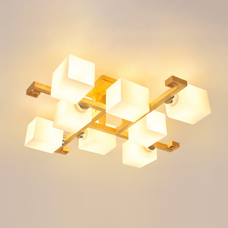 Modern Natural Wood Semi Flush Mount Light Fixture Rectangle Glass Shade Semi Flush for Living Room 8 Wood Clearhalo 'Ceiling Lights' 'Close To Ceiling Lights' 'Lighting' 2628285