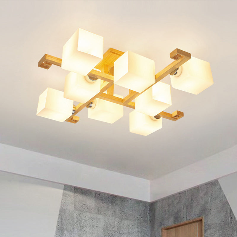 Modern Natural Wood Semi Flush Mount Light Fixture Rectangle Glass Shade Semi Flush for Living Room Clearhalo 'Ceiling Lights' 'Close To Ceiling Lights' 'Lighting' 2628286