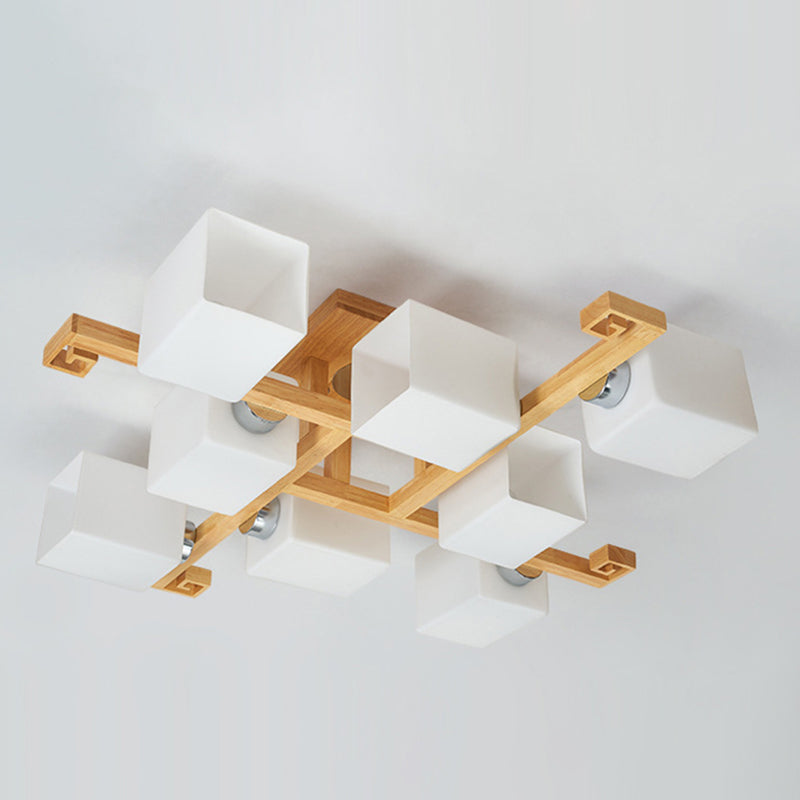 Modern Natural Wood Semi Flush Mount Light Fixture Rectangle Glass Shade Semi Flush for Living Room Clearhalo 'Ceiling Lights' 'Close To Ceiling Lights' 'Lighting' 2628288