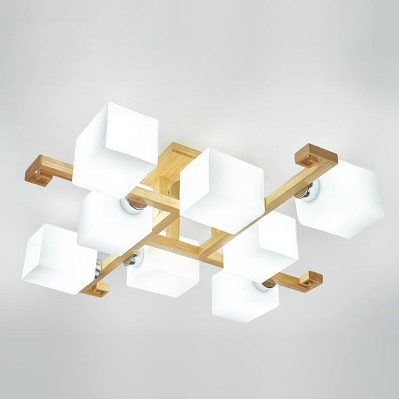 Modern Natural Wood Semi Flush Mount Light Fixture Rectangle Glass Shade Semi Flush for Living Room Clearhalo 'Ceiling Lights' 'Close To Ceiling Lights' 'Lighting' 2628295