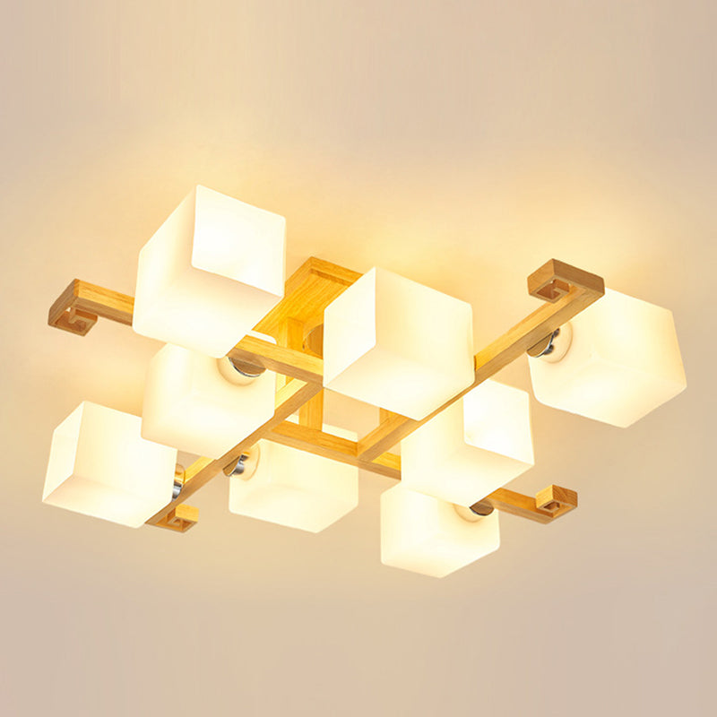 Modern Natural Wood Semi Flush Mount Light Fixture Rectangle Glass Shade Semi Flush for Living Room Clearhalo 'Ceiling Lights' 'Close To Ceiling Lights' 'Lighting' 2628296