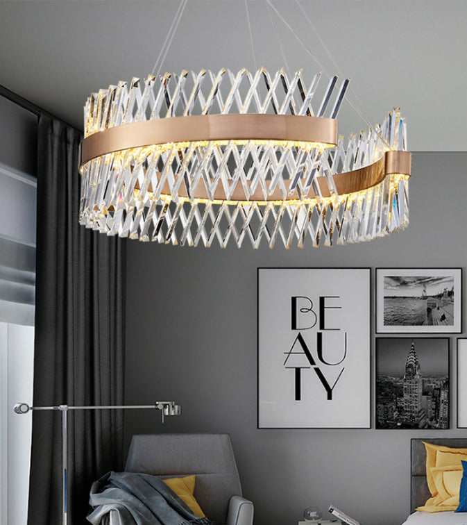 Simple Geometric Chandelier K9 Strip Crystal Dining Room LED Suspension Lighting in Rose Gold Clearhalo 'Ceiling Lights' 'Chandeliers' Lighting' 2628442