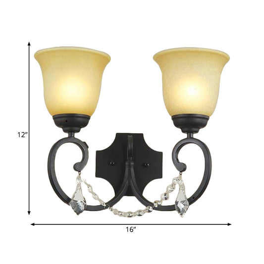 2 Lights Corridor Wall Mounted Lamp Vintage Black Sconce Light with Bell Amber Glass Shade Clearhalo 'Wall Lamps & Sconces' 'Wall Lights' Lighting' 262844