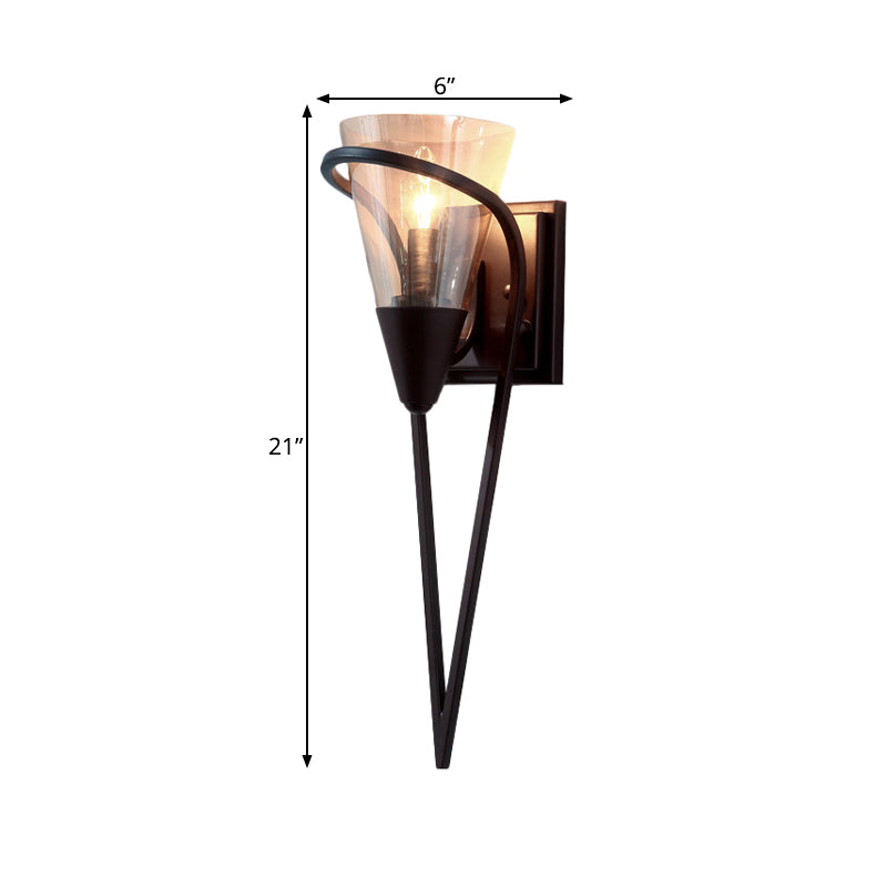 Funnel Amber Glass Sconce Light Fixture Farmhouse 1 Light Living Room Wall Mounted Lamp in Black Clearhalo 'Wall Lamps & Sconces' 'Wall Lights' Lighting' 262856