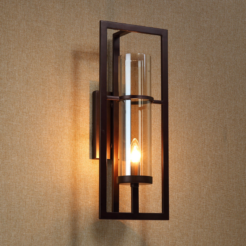 Amber Glass Black Sconce Light Fixture Tube 1-Light Farmhouse Wall Mounted Lighting for Corridor with Metal Frame Black Clearhalo 'Wall Lamps & Sconces' 'Wall Lights' Lighting' 262858