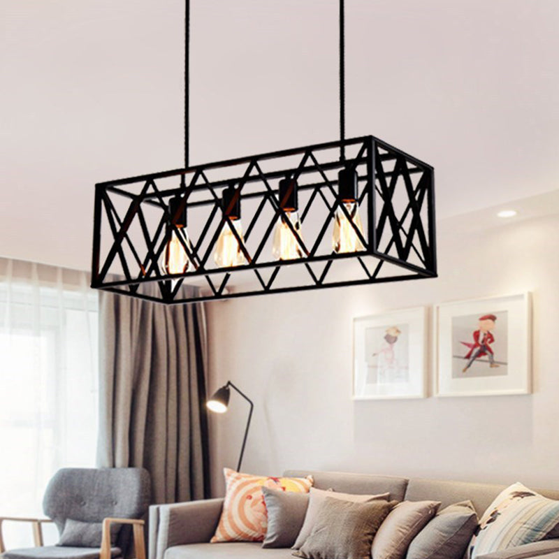 Black Industrial Island Pendant Lighting Cross Framed Box Iron Island Ceiling Light for Dining Table Clearhalo 'Ceiling Lights' 'Island Lights' 'Lighting' 2628669