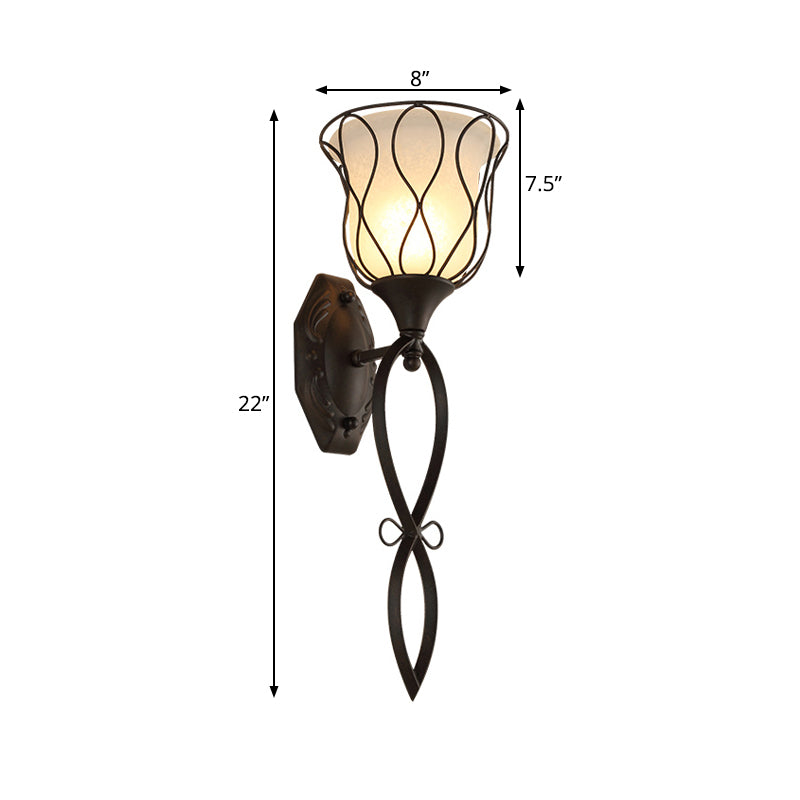 1 Light Metal Wall Lamp Rustic Black Bell Corridor Sconce Light Fixture with Opal Glass Shade Clearhalo 'Wall Lamps & Sconces' 'Wall Lights' Lighting' 262867