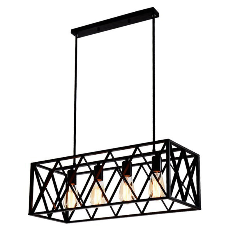 Black Industrial Island Pendant Lighting Cross Framed Box Iron Island Ceiling Light for Dining Table 4 Black Clearhalo 'Ceiling Lights' 'Island Lights' 'Lighting' 2628673