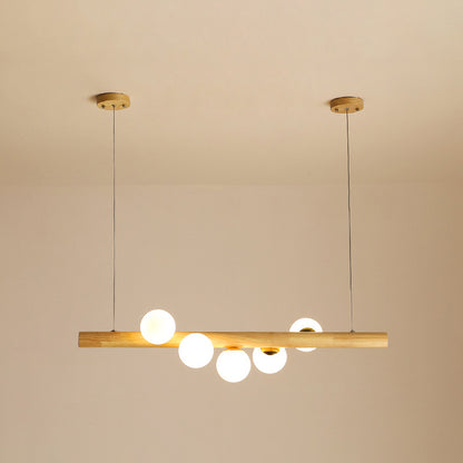 Modern Minimalism Wood Linear Island Pendant Lighting Sphere Glass Island Ceiling Light for Living Room 5 Wood Clearhalo 'Ceiling Lights' 'Island Lights' 'Lighting' 2628684