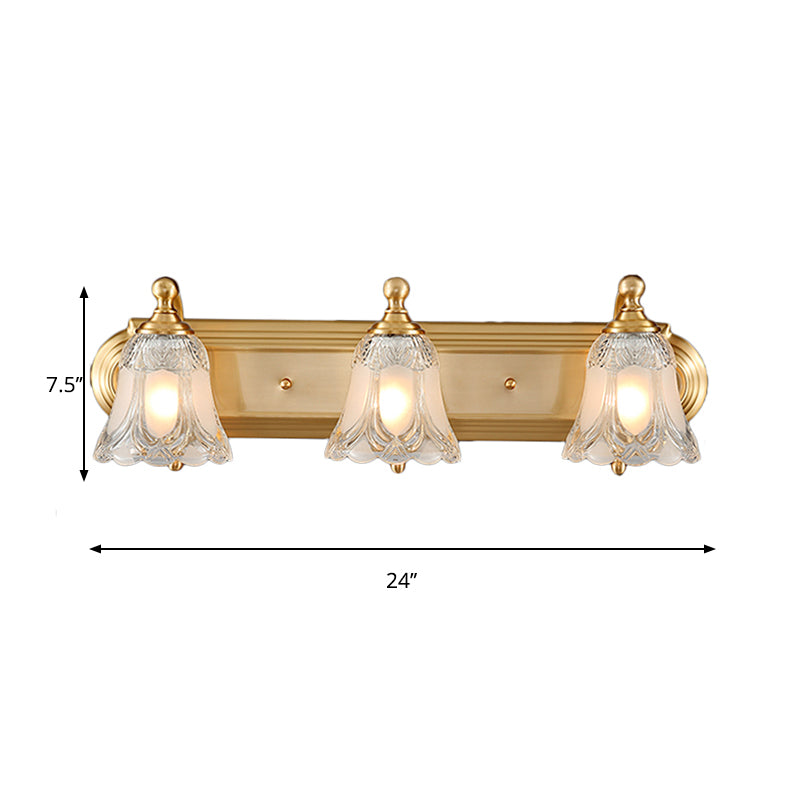 Bell Shade Vanity Sconce Light Vintage Style Clear Glass 2/3 Bulbs Golden Wall Lighting for Bathroom, 18"/24" W Clearhalo 'Modern wall lights' 'Modern' 'Vanity Lights' 'Wall Lights' Lighting' 262873