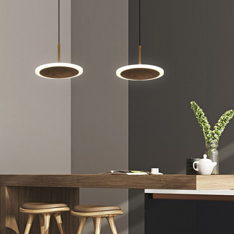 Brown Walnut Wood Pendant Light Modern Simple 1 Light Round LED Hanging Lamp for Living Room Clearhalo 'Ceiling Lights' 'Pendant Lights' 'Pendants' Lighting' 2628769