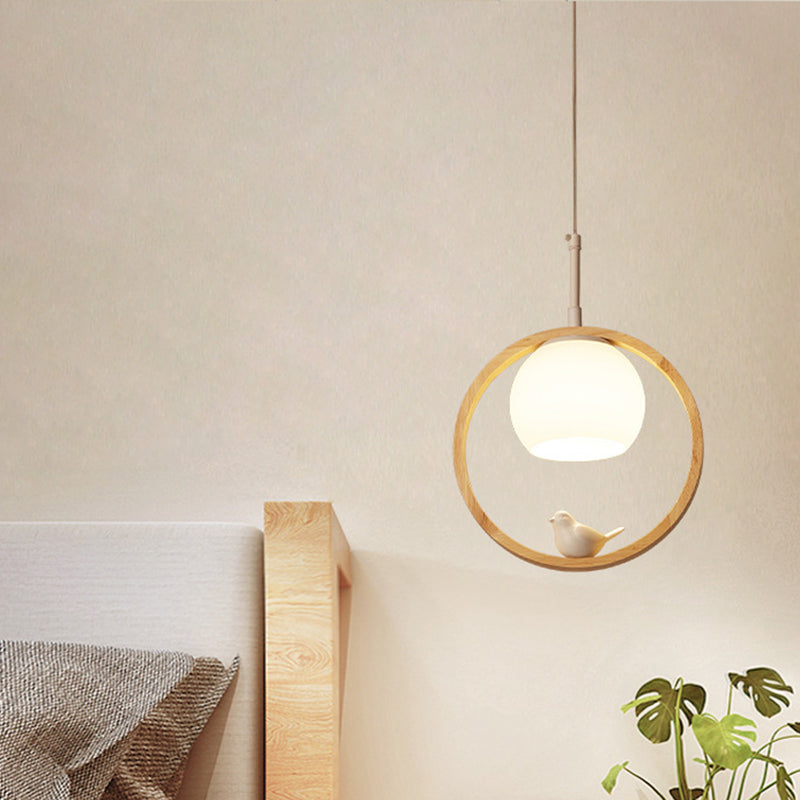 1 Light Pendant Light Contemporary Round Natural Wood Bedroom Hanging Lamp with Little Bird Clearhalo 'Ceiling Lights' 'Pendant Lights' 'Pendants' Lighting' 2628777