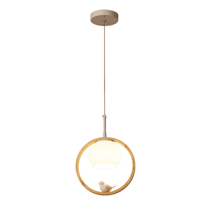 1 Light Pendant Light Contemporary Round Natural Wood Bedroom Hanging Lamp with Little Bird Wood Clearhalo 'Ceiling Lights' 'Pendant Lights' 'Pendants' Lighting' 2628778