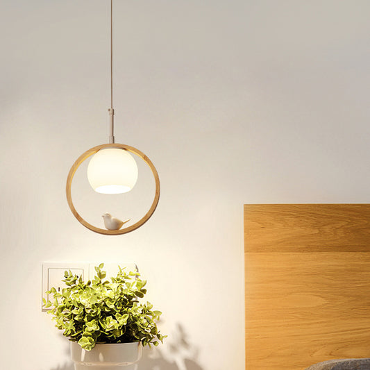 1 Light Pendant Light Contemporary Round Natural Wood Bedroom Hanging Lamp with Little Bird Clearhalo 'Ceiling Lights' 'Pendant Lights' 'Pendants' Lighting' 2628780