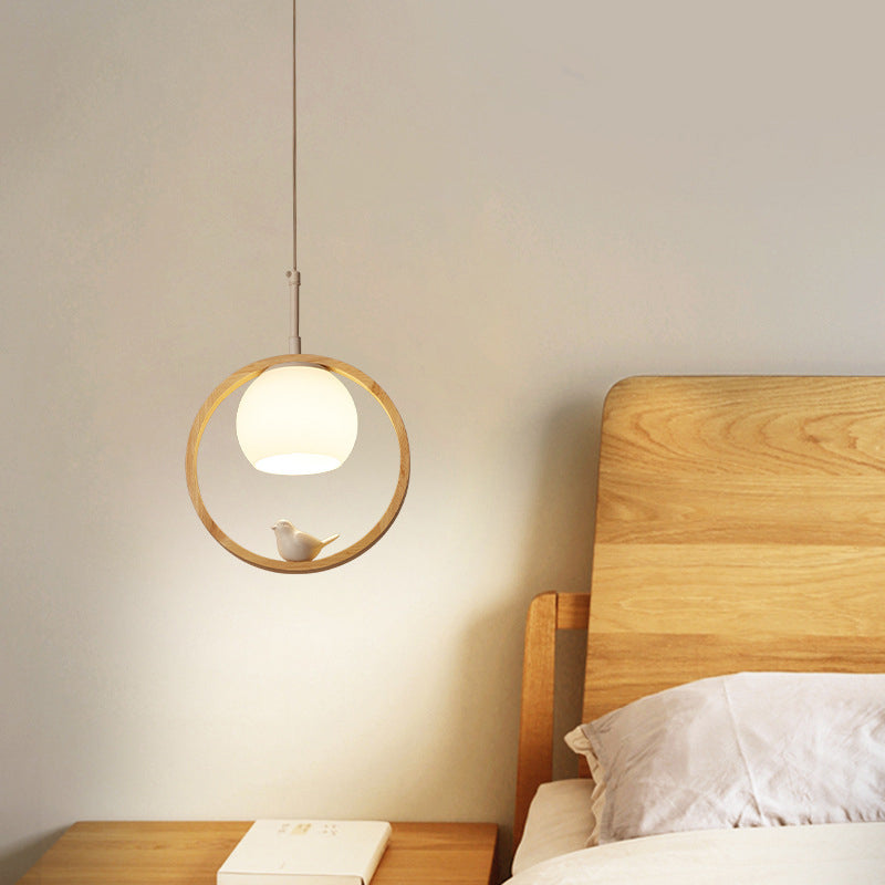 1 Light Pendant Light Contemporary Round Natural Wood Bedroom Hanging Lamp with Little Bird Clearhalo 'Ceiling Lights' 'Pendant Lights' 'Pendants' Lighting' 2628781