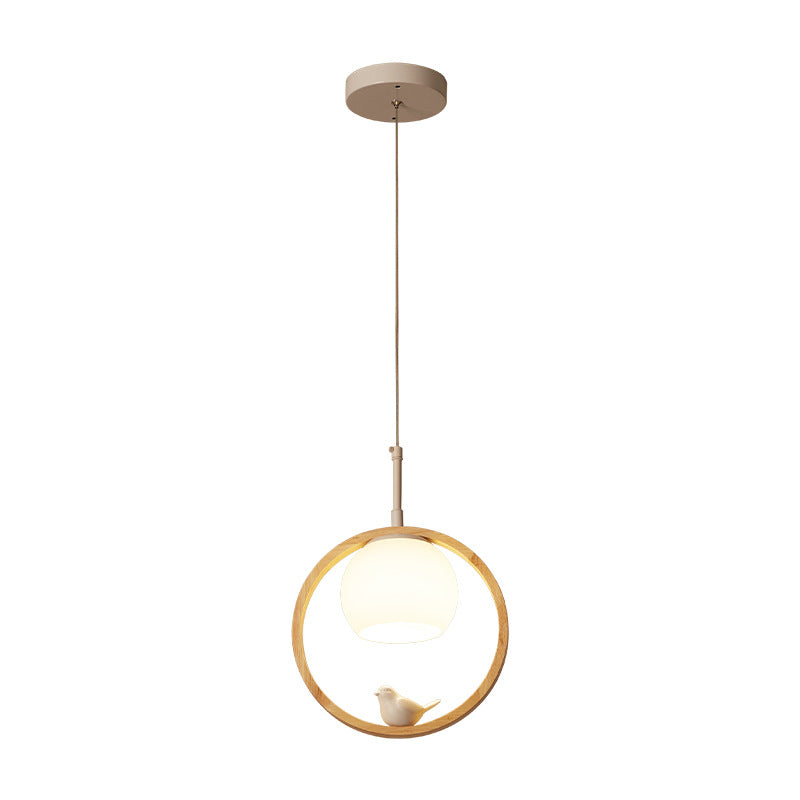 1 Light Pendant Light Contemporary Round Natural Wood Bedroom Hanging Lamp with Little Bird Clearhalo 'Ceiling Lights' 'Pendant Lights' 'Pendants' Lighting' 2628782