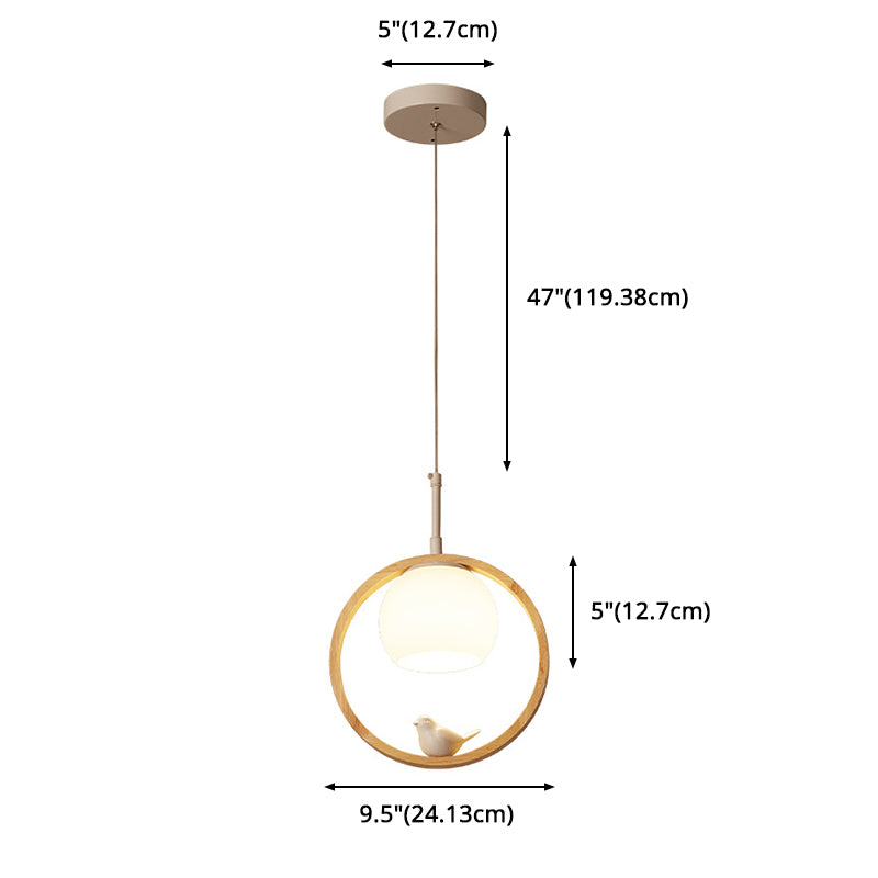 1 Light Pendant Light Contemporary Round Natural Wood Bedroom Hanging Lamp with Little Bird Clearhalo 'Ceiling Lights' 'Pendant Lights' 'Pendants' Lighting' 2628783