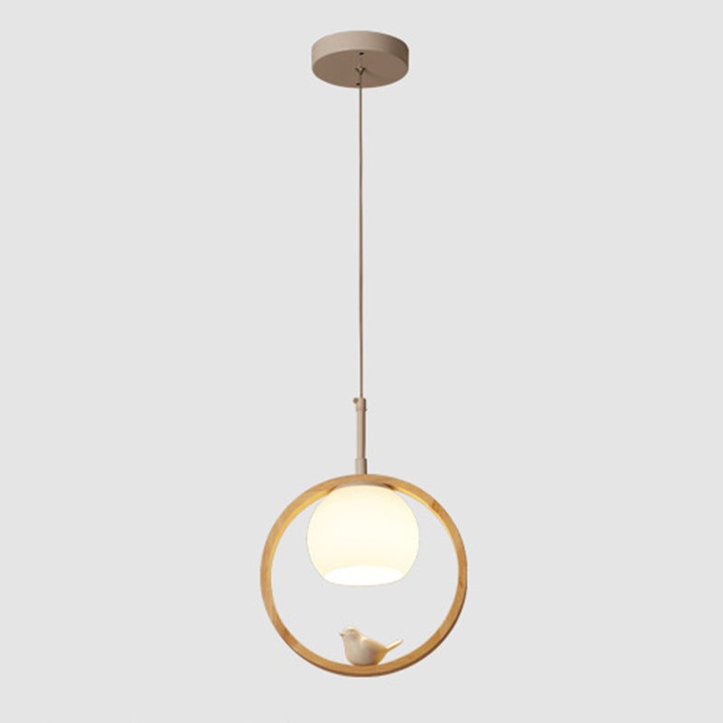 1 Light Pendant Light Contemporary Round Natural Wood Bedroom Hanging Lamp with Little Bird Clearhalo 'Ceiling Lights' 'Pendant Lights' 'Pendants' Lighting' 2628784