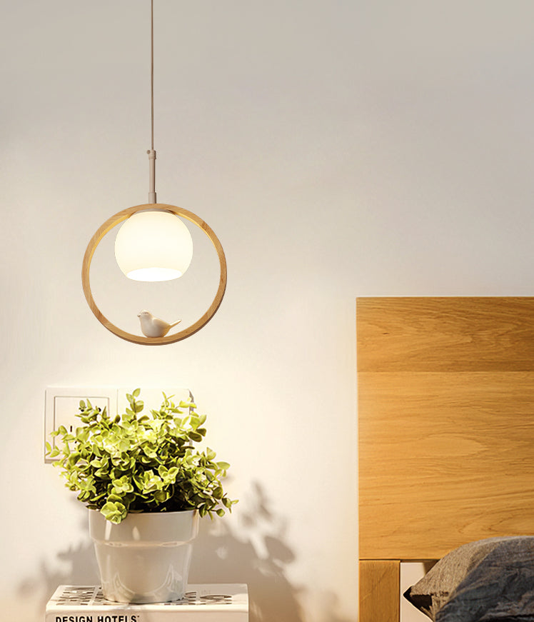 1 Light Pendant Light Contemporary Round Natural Wood Bedroom Hanging Lamp with Little Bird Clearhalo 'Ceiling Lights' 'Pendant Lights' 'Pendants' Lighting' 2628787