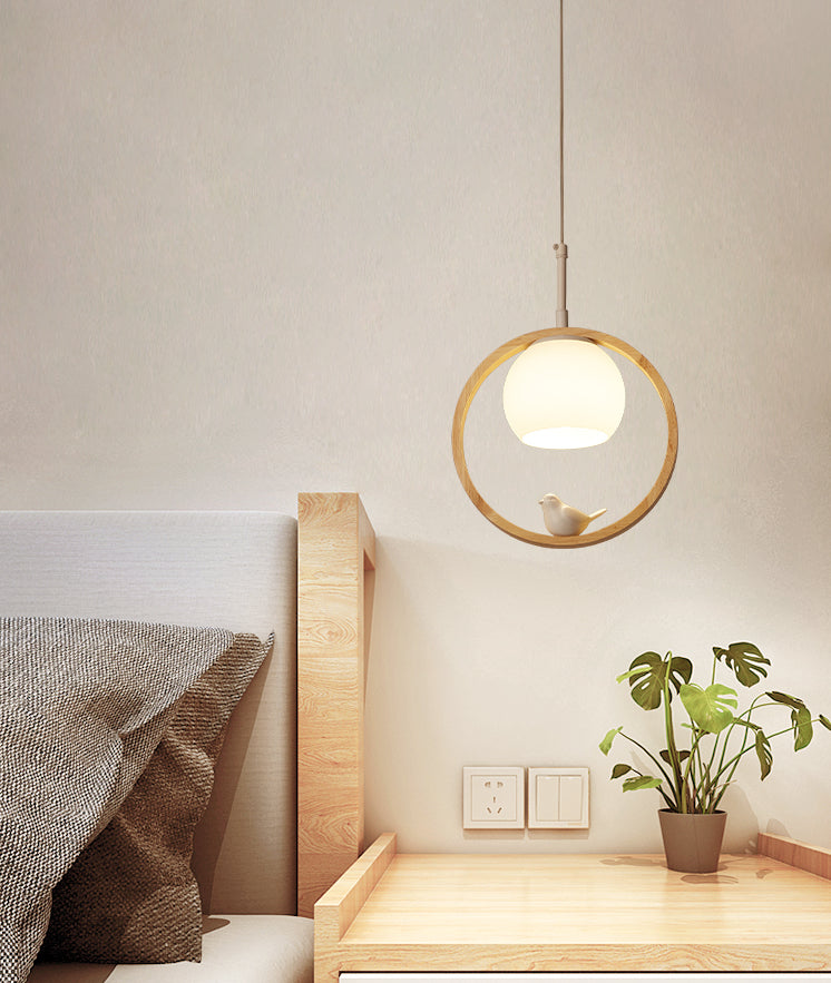 1 Light Pendant Light Contemporary Round Natural Wood Bedroom Hanging Lamp with Little Bird Clearhalo 'Ceiling Lights' 'Pendant Lights' 'Pendants' Lighting' 2628788