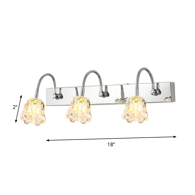 Petal Clear Glass Vanity Light Fixture Modern Stylish 3 Lights Silver Finish Wall Lighting with Gooseneck Arm Clearhalo 'Modern wall lights' 'Modern' 'Vanity Lights' 'Wall Lights' Lighting' 262880