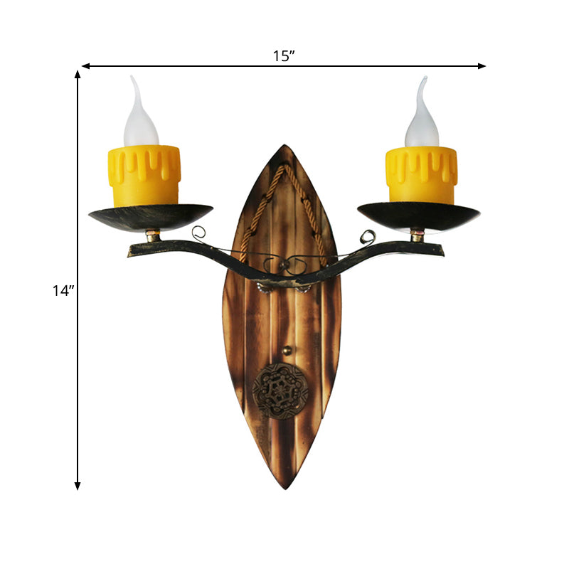 2 Lights Candle Wall Lamp Vintage Yellow Resin Sconce Light Fixture with Wood Backplate Clearhalo 'Wall Lamps & Sconces' 'Wall Lights' Lighting' 262884